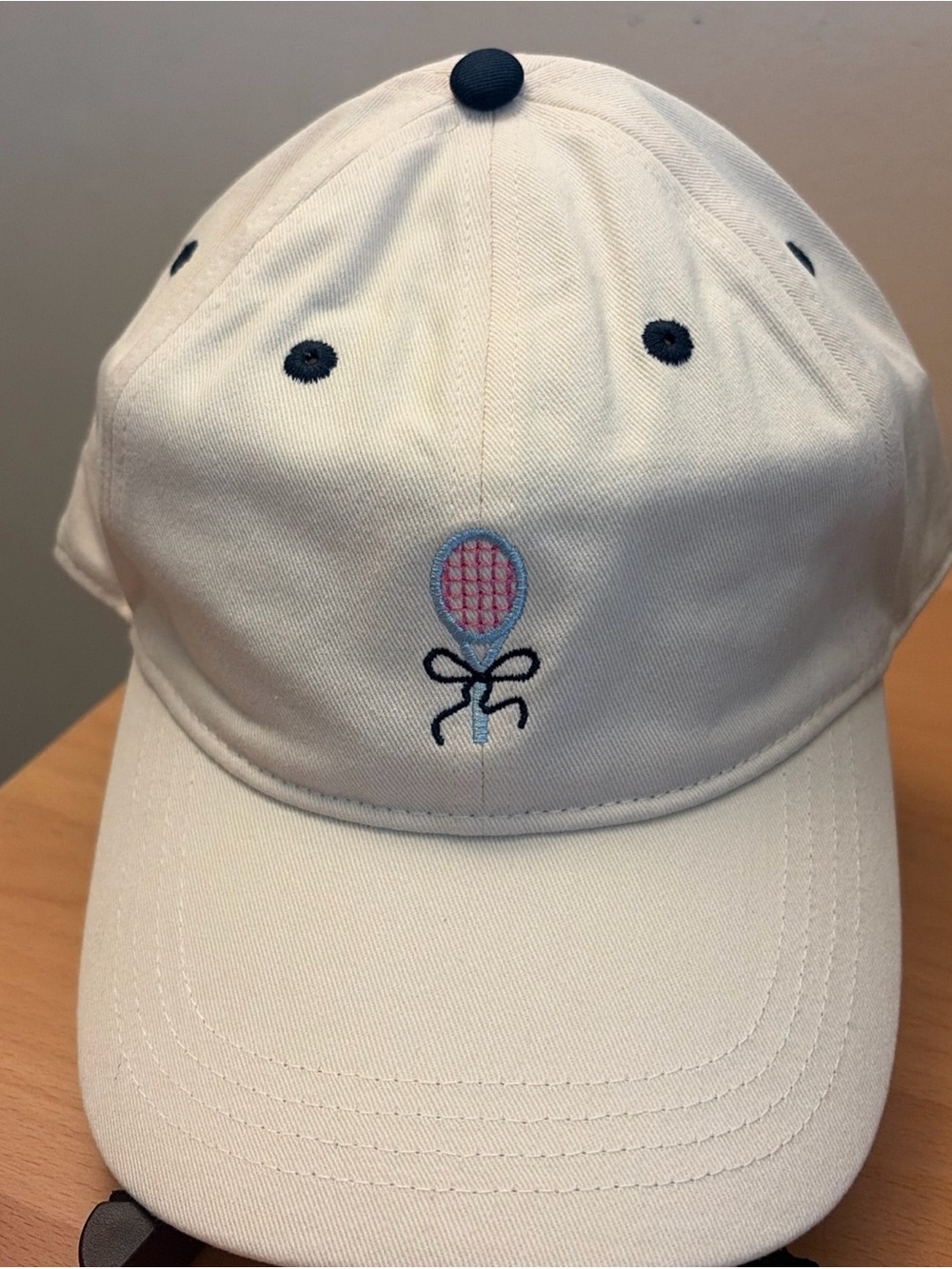 Frasier Tennis Racket Embroidered Hat Cream Navy Blue Adjustable Cotton